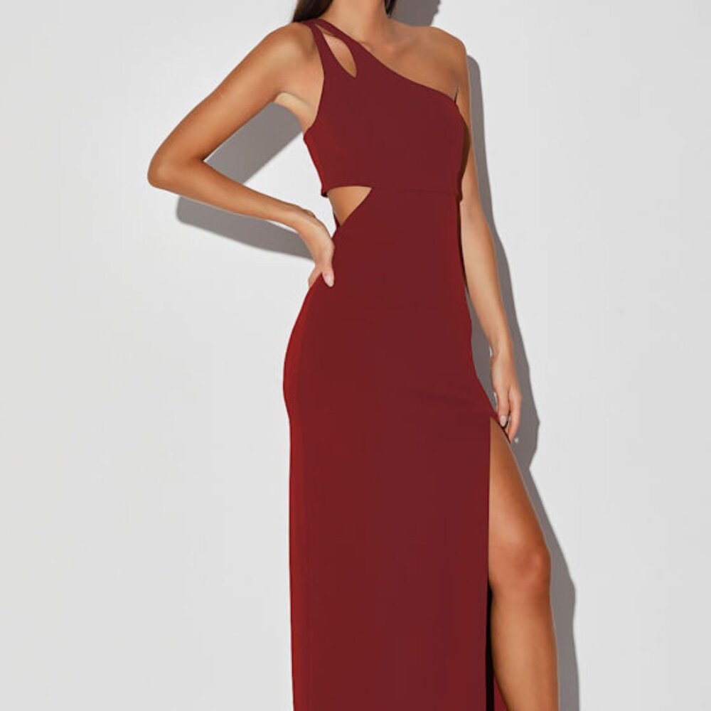 Lulus Simply Beautiful Burgundy One-shoulder Cutout Maxi Dress Red - Size XS